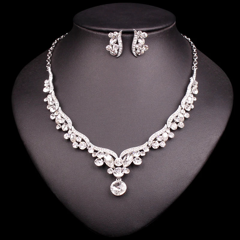 Fashion Crystal Bridal Jewelry Sets for Bride Silver Plated Necklace Earrings Wedding Party Costume Jewellery Accessories Women