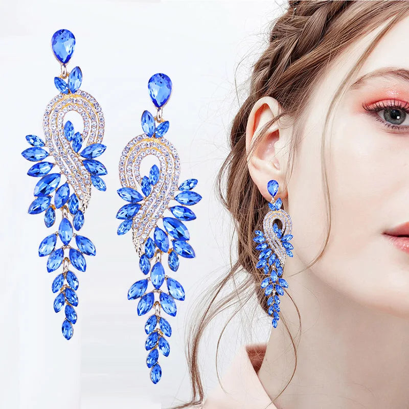 Bridal jewellery Luxury crystal leaf large earrings long drop earrings for women wedding party jewelry accessory