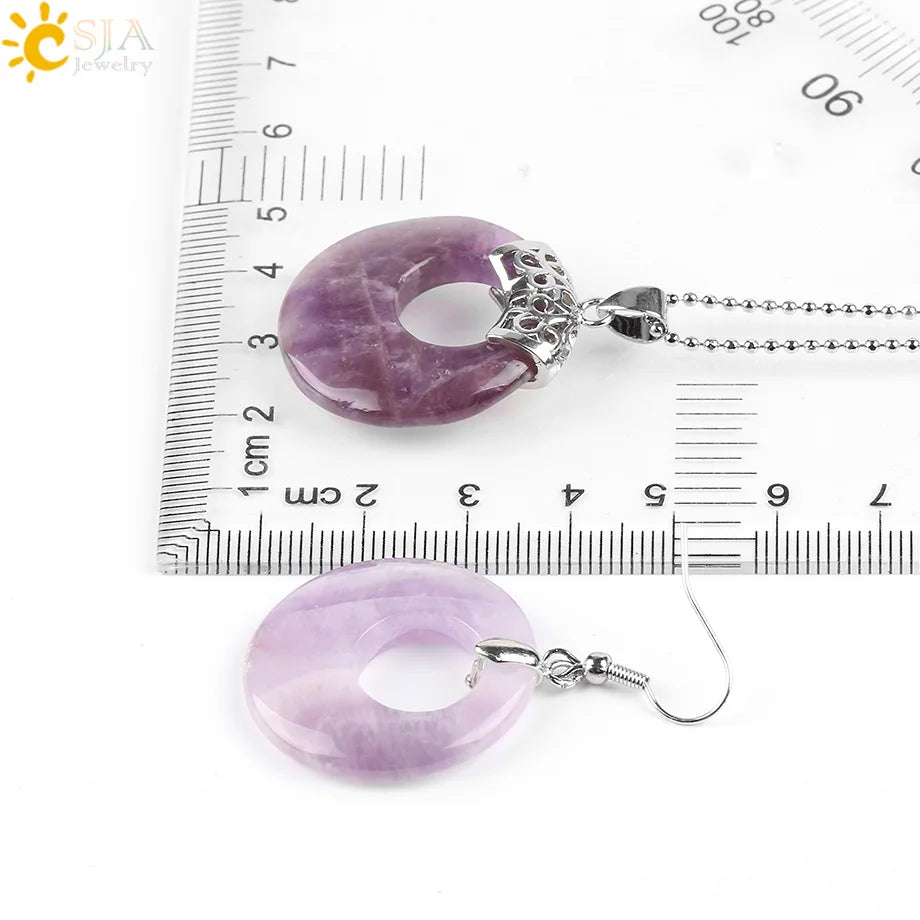 CSJA Jewellery Sets for Women Natural Hollow Round Gem Stone Onyx Unakite Purple Crystal Opal Earrings Necklaces Healing E568