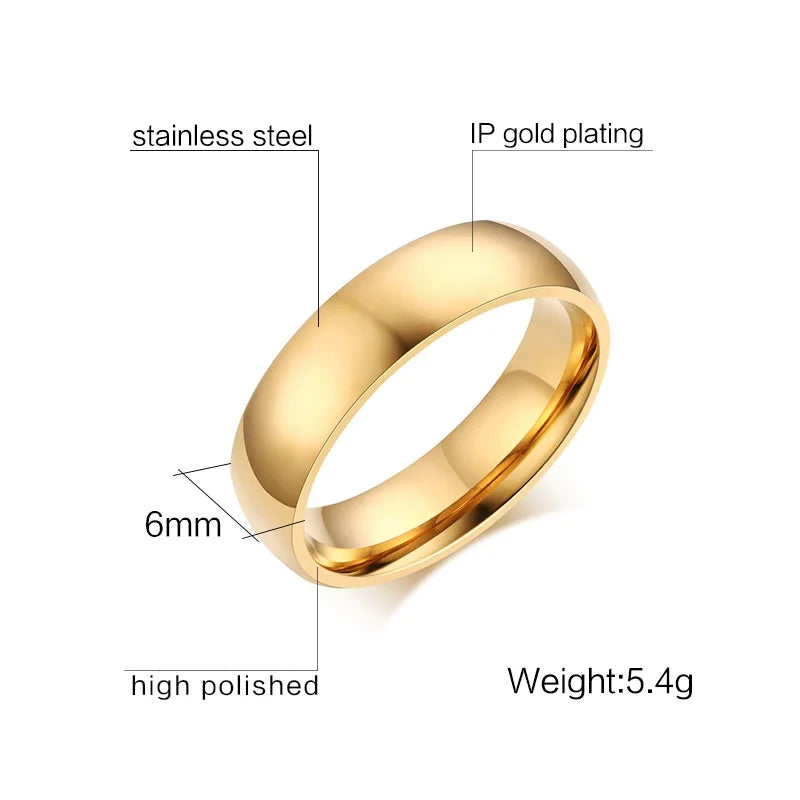 6mm Simple Classic Dome Wedding Rings for Women Men High Polish Stainless Steel Jewelry