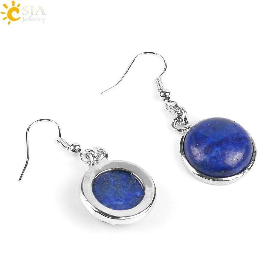 CSJA Women Natural Round Gem Stone Drop Earrings Lapis Lazuli Opal White Crystal Black Onyx Beads Healing Earring Jewellery E582