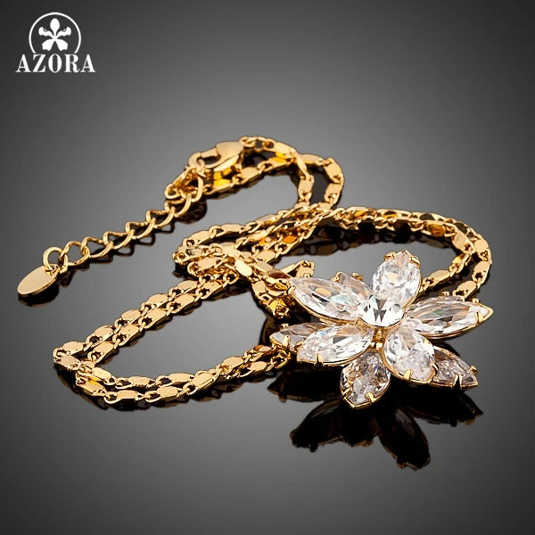 AZORA Sunflow Design Gold Color Gold Stellux Austrian Crystals Paved Pendant Necklace TN0003