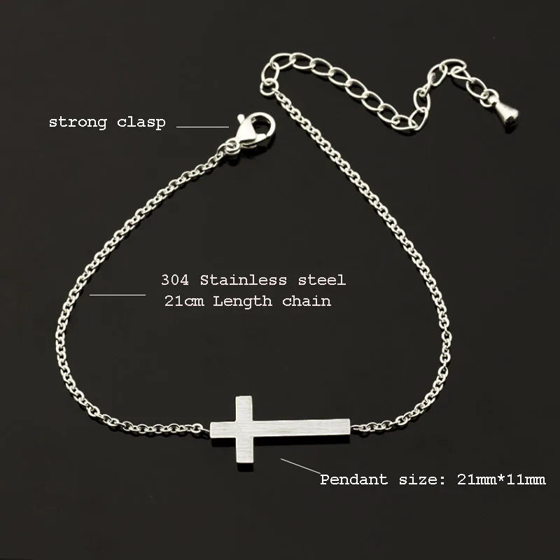Crucifix Jesus Christian Horizontal Sideways Cross Charm Bracelets for Women Stainless Steel Bridesmaids Gift Pulseira Feminina