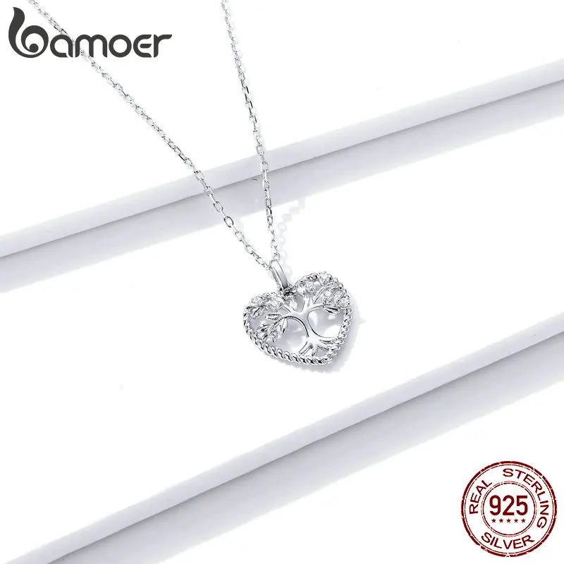 bamoer 925 Sterling Silver Radiant Clear CZ Tree of Life Heart Pendant Necklace for Women Family Gifts Fine Jewelry BSN176