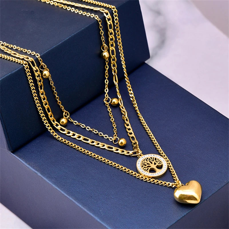 316L Stainless Steel New Fashion Jewelry 3-Layer Heart Shaped Zircon Life Tree Charm Chain Choker Necklaces Pendants For Women