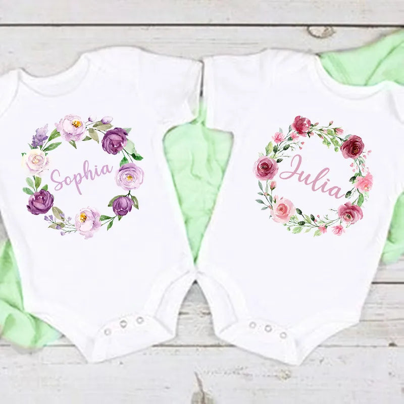 Personalised Floral Wreath New Baby Girl Clothes Custom Infant First Name Bodysuits Baby Shower Gifts Newborn Toddler Jumpsuits