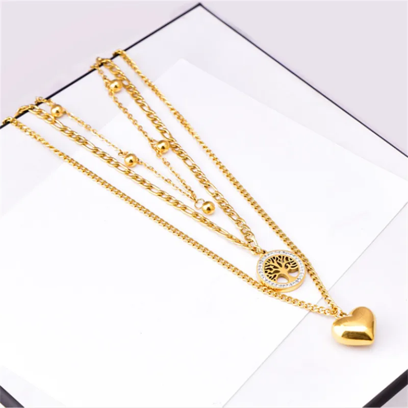316L Stainless Steel New Fashion Jewelry 3-Layer Heart Shaped Zircon Life Tree Charm Chain Choker Necklaces Pendants For Women
