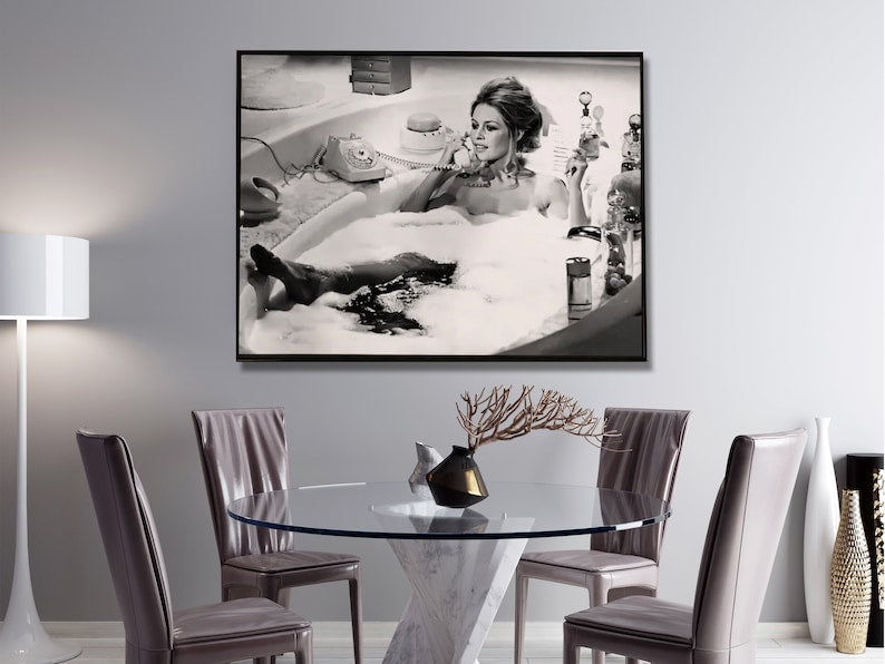 Wall Art 40cmx60cm Brigitte Bardot In the bath poster, Black Frame Canvas