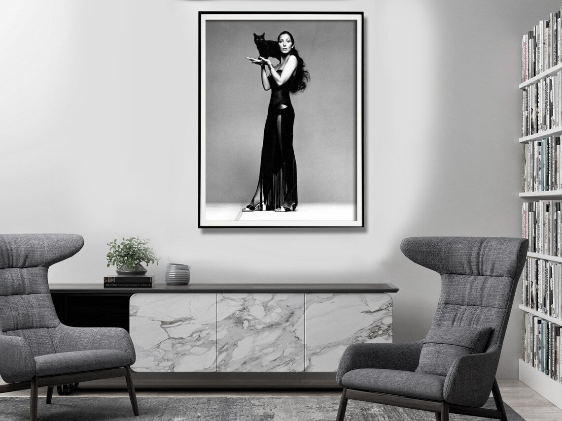 Wall Art 70cmx100cm Cher Music Black and White, Black Frame Canvas