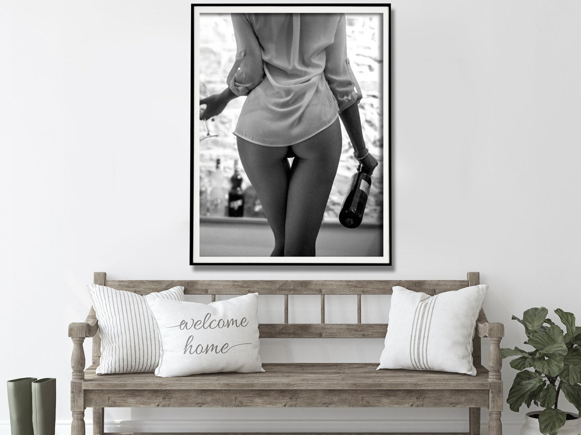 Wall Art 50cmx70cm Woman Drinking Wine , Black and White, Black Frame Canvas