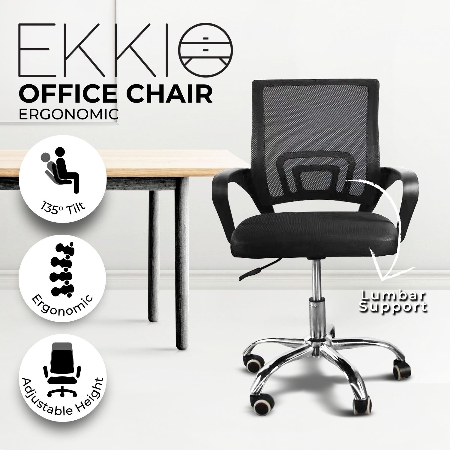 EKKIO Ergonomic Office Chair with Breathable Mesh Design and Lumbar Back Support (Black)