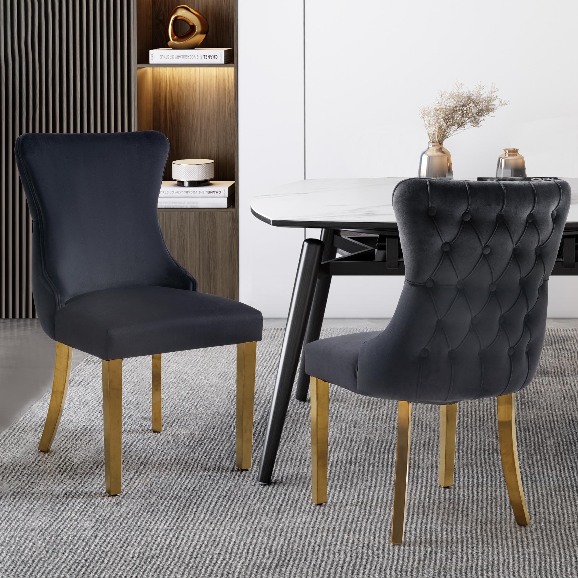 Paris Black Velvet  & Gold Polished Steel Upholstered Dining Chairs Tufted Back - Set of 2