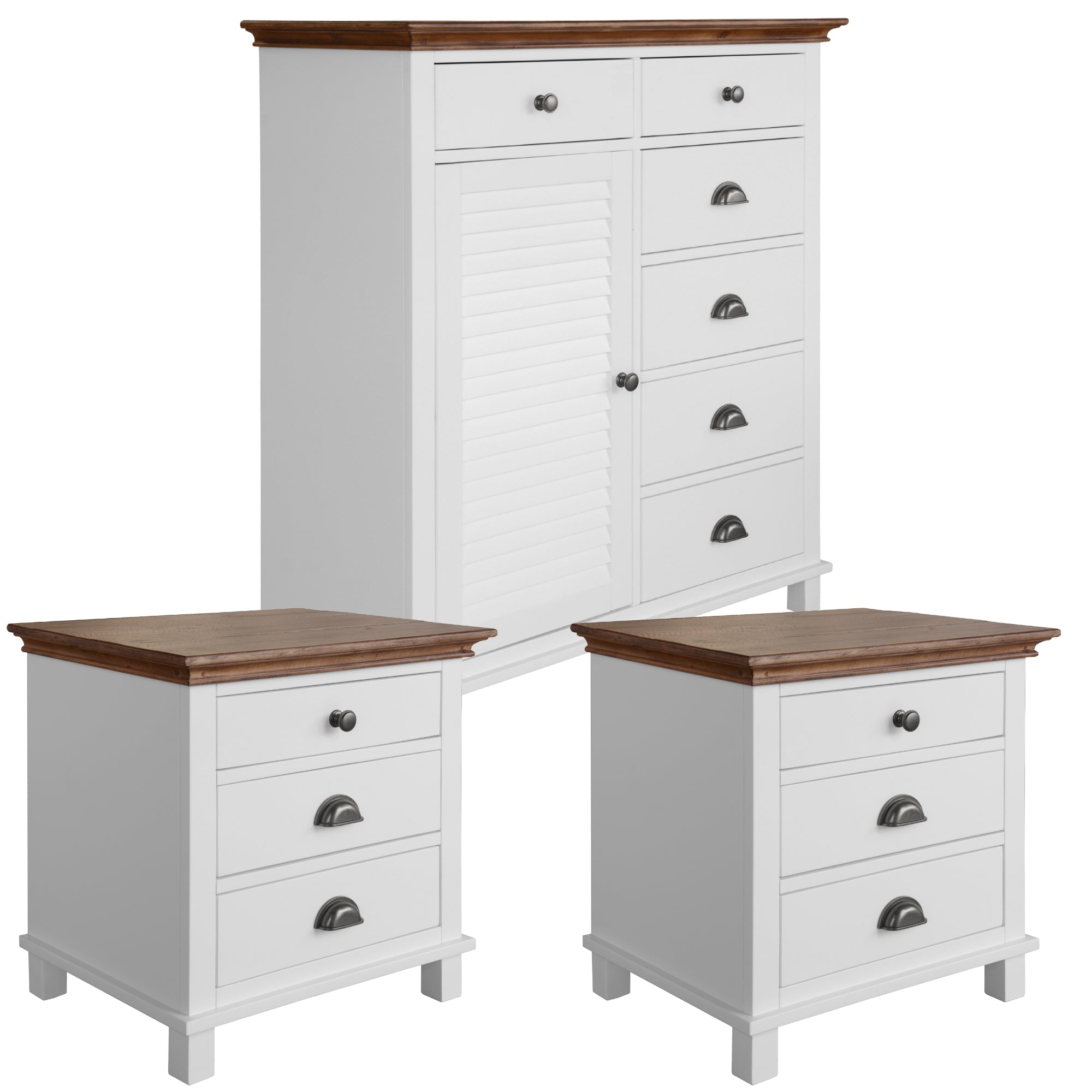 Virginia Bedside Tallboy 3pc Bedroom Set Drawers Nightstand Storage Cabinet -WHT