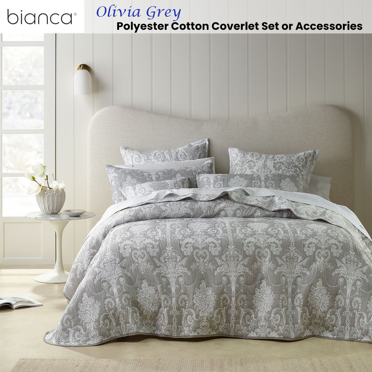 Bianca Olivia Grey Polyester Cotton Jacquard Coverlet Set Queen/King