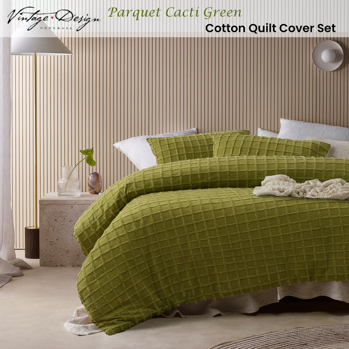 Vintage Design Homewares Parquet Cacti Green Cotton Quilt Cover Set Double