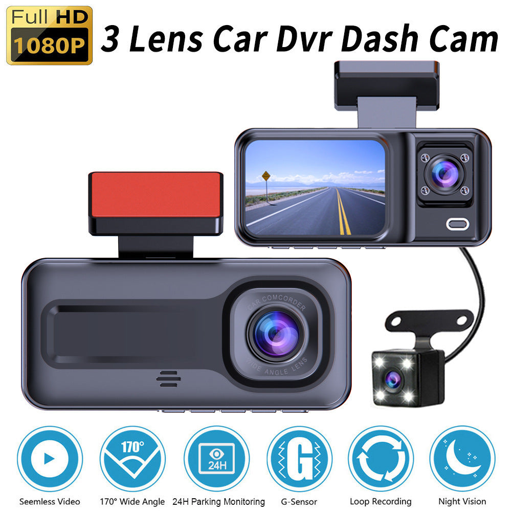 Front and Rear Triple Lens Dash Cam 1080P HD Three-Lens Driving Recorder Reversing Visual Recording