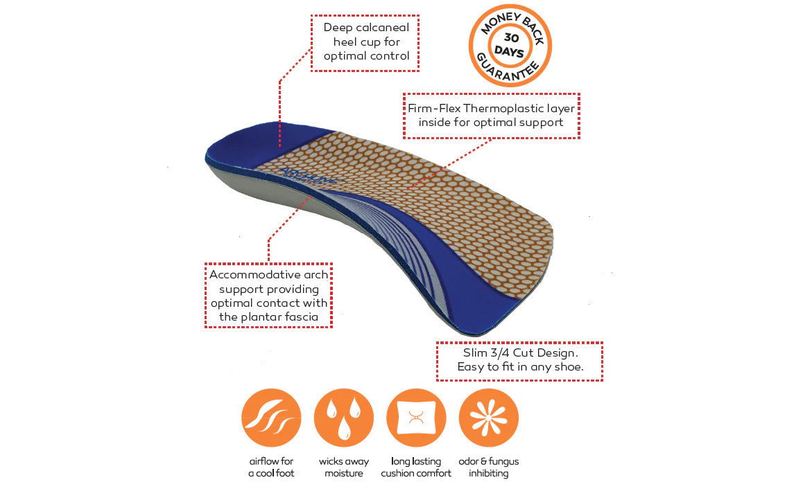 ARCHLINE 3/4 Slim Orthotics Plantar Fasciitis Insoles Balance Support Relief - EUR 38