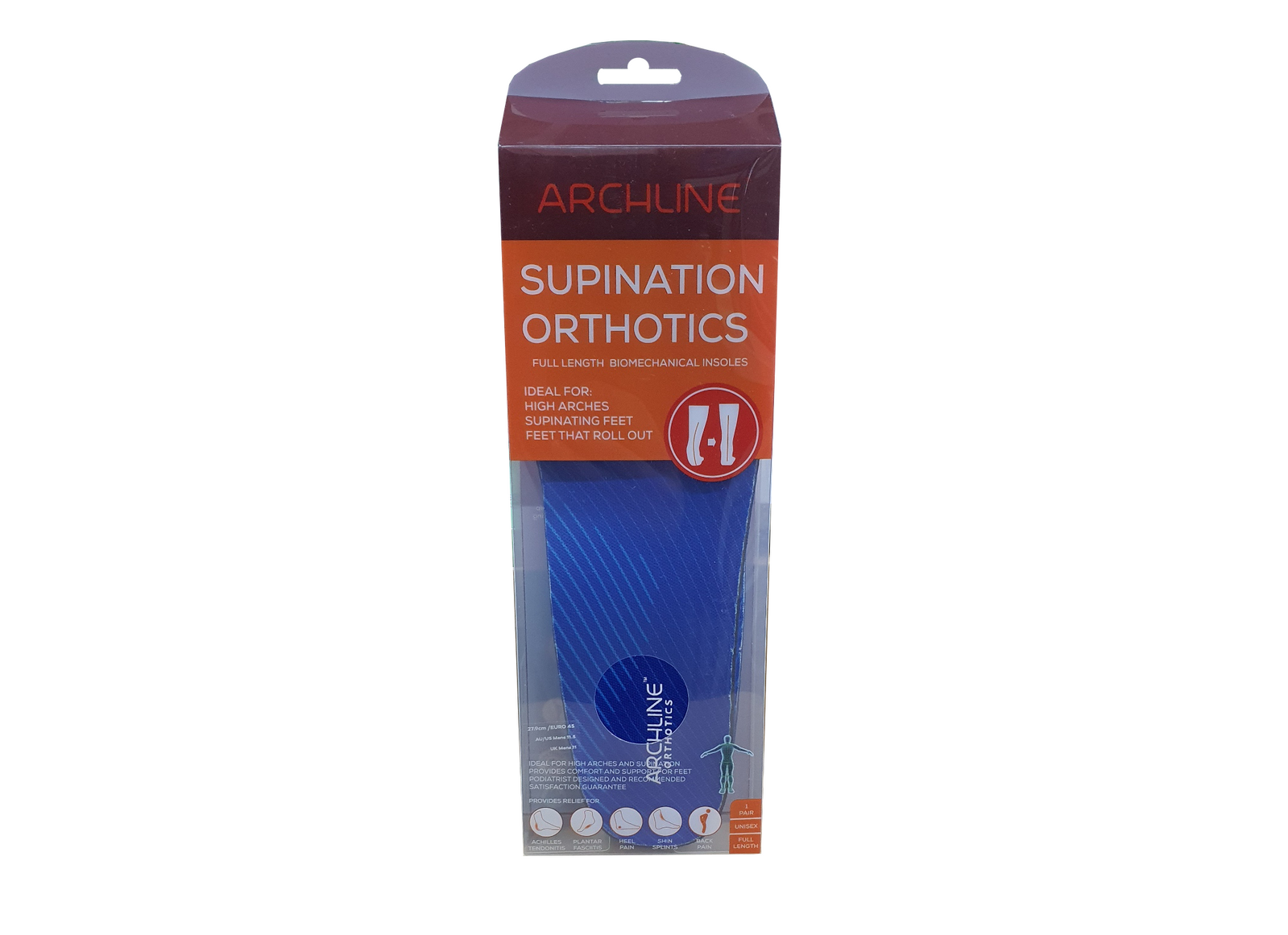 Archline Supination Orthotic Insoles - Full Length (Unisex) Plantar Fasciitis High Arch - Euro 39