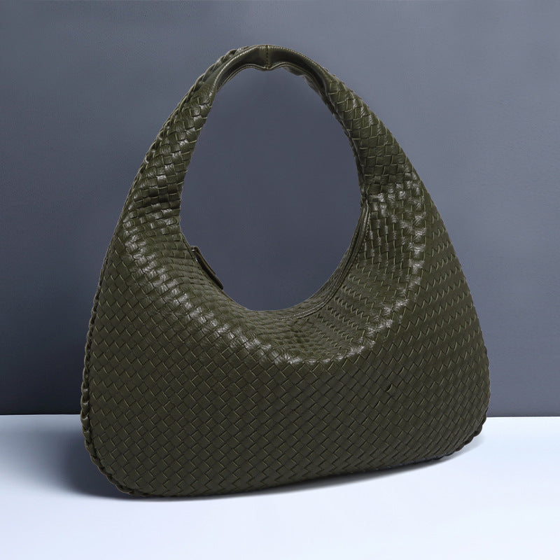 Army Green Elegant Woven PU Leather Hobo Bag - Stylish Large-Capacity Shoulder Handbag for Women