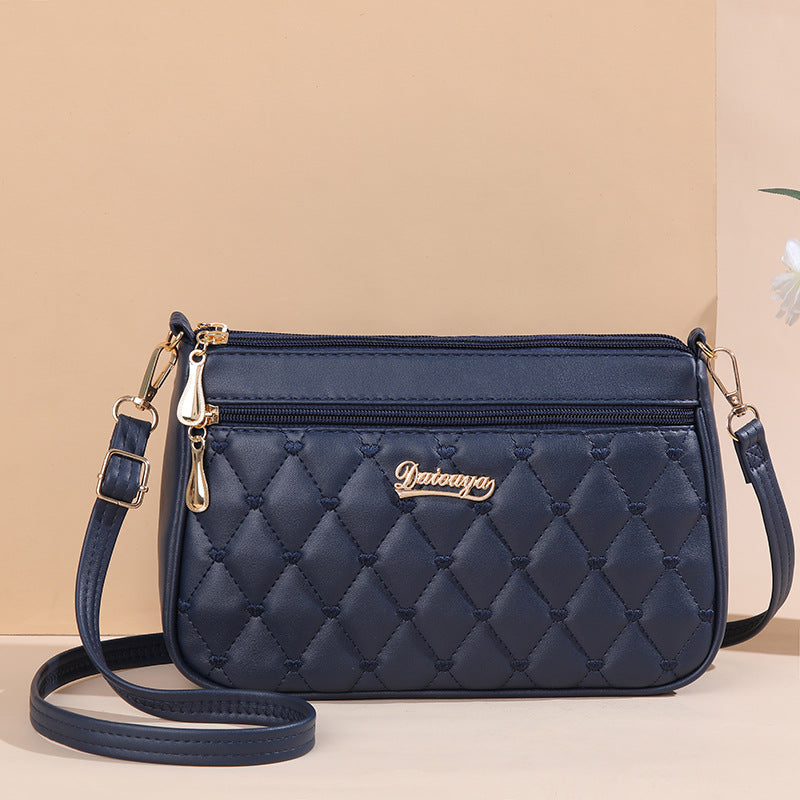 Dark Blue PU Leather Quilted Crossbody Bag for Women - Compact Multi-Compartment Shoulder Purse