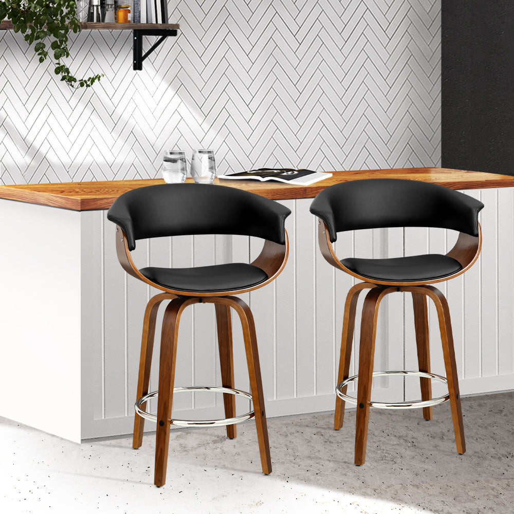 Artiss Set of 2 Swivel PU Leather Bar Stool - Wood and Black