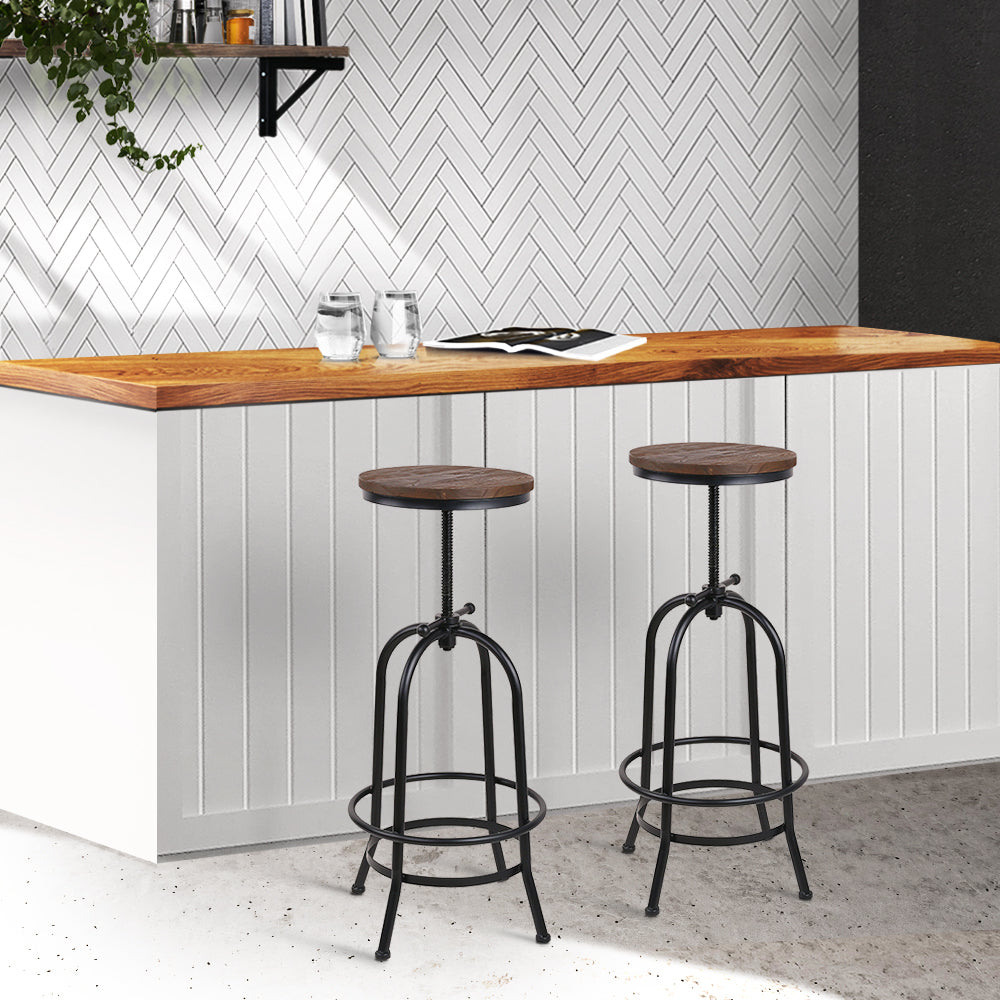 Artiss Set of 2 Bar Stool Industrial Round Seat Wood Metal - Black and Brown