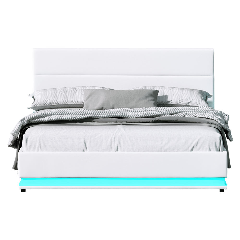 Artiss Lumi LED Bed Frame PU Leather Gas Lift Storage - White Queen