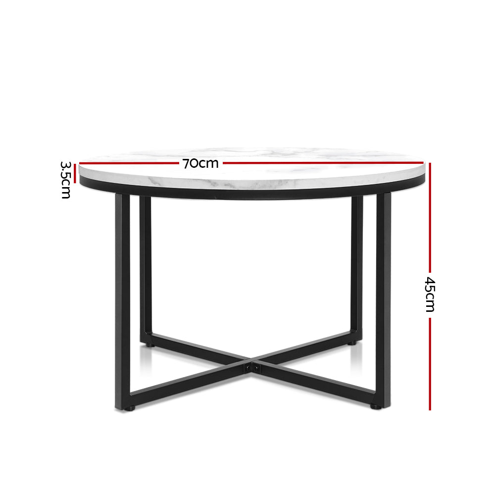 Artiss Coffee Table Marble Effect Side Tables Bedside Round Black Metal 70X70CM