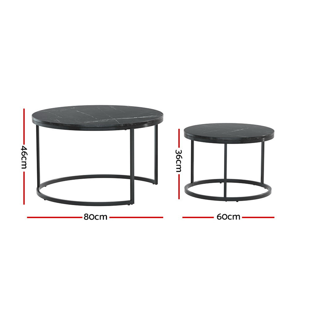 Artiss Nesting Coffee Tables Set of 2 Marble-effect Top 80/60CM Black Metal Base