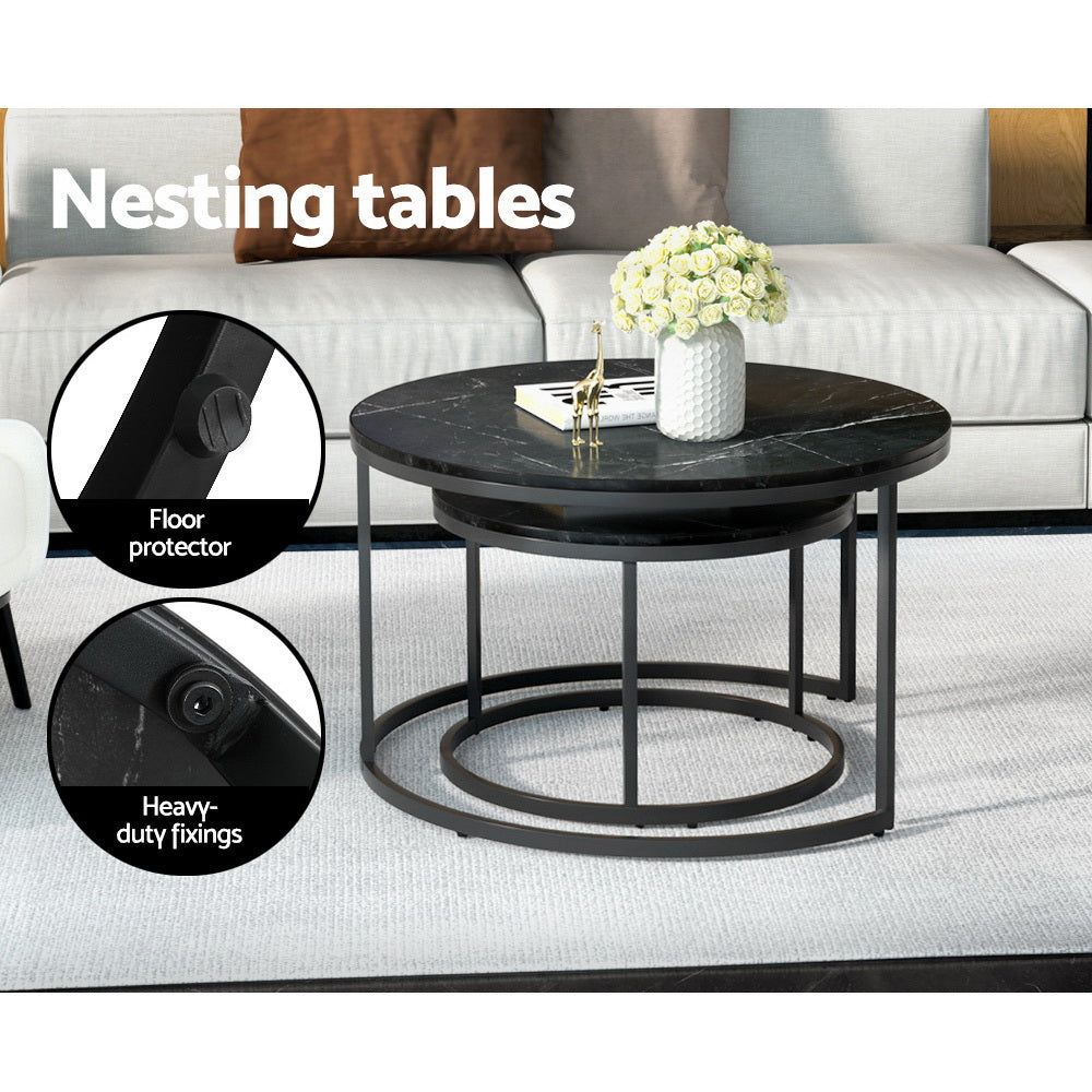 Artiss Nesting Coffee Tables Set of 2 Marble-effect Top 80/60CM Black Metal Base