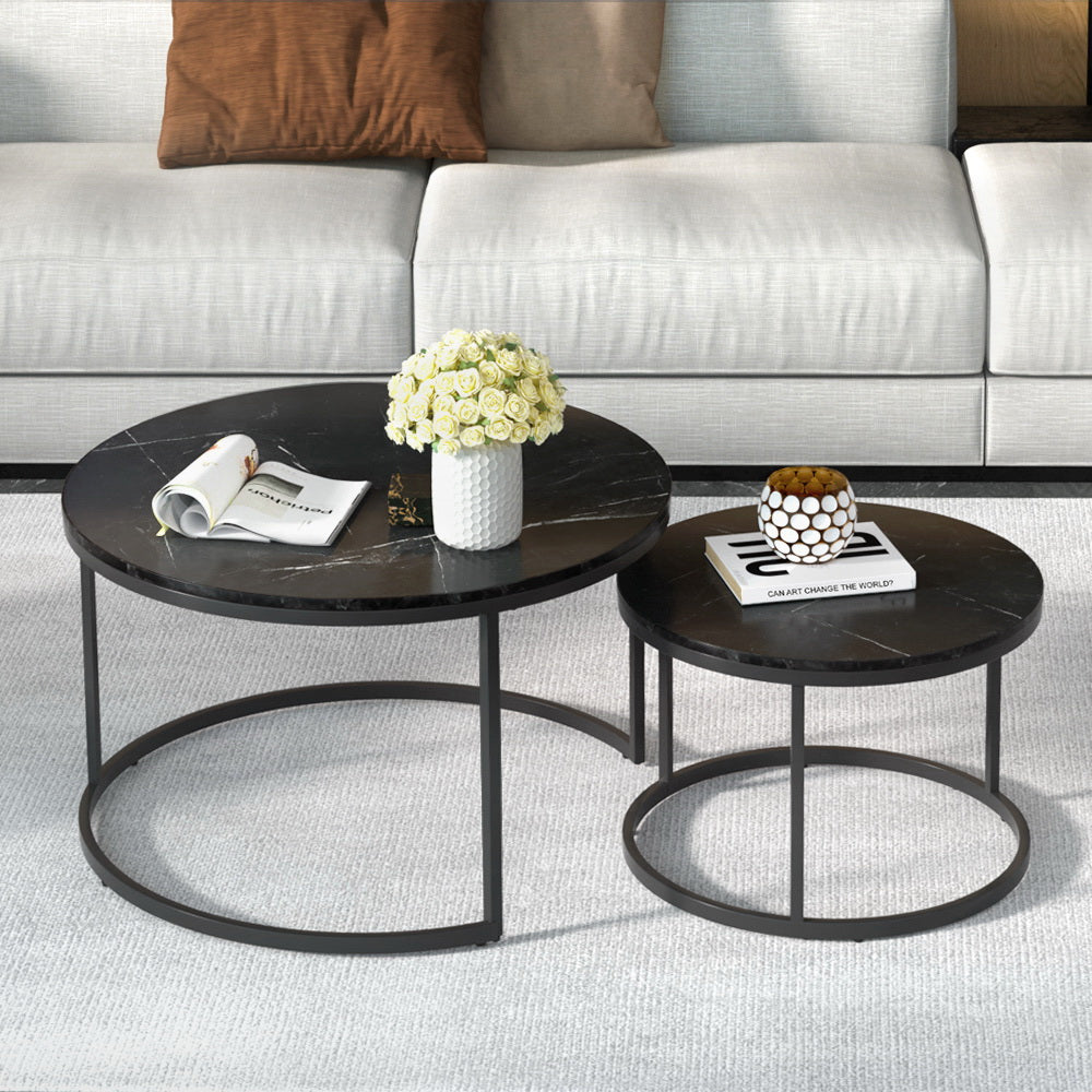 Artiss Nesting Coffee Tables Set of 2 Marble-effect Top 80/60CM Black Metal Base