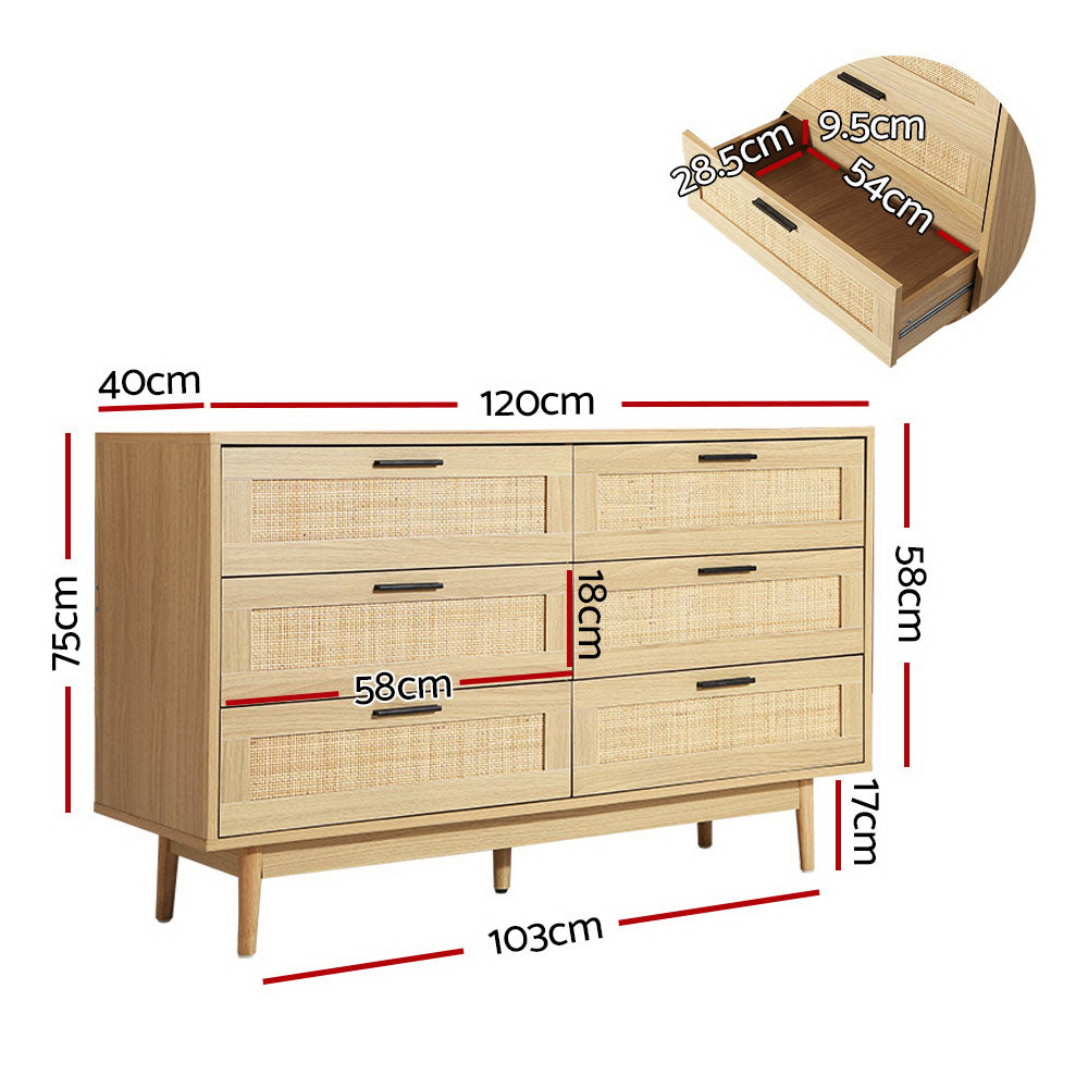 Artiss 6 Chest of Drawers Rattan Tallboy Cabinet Bedroom Clothes Storage Wood