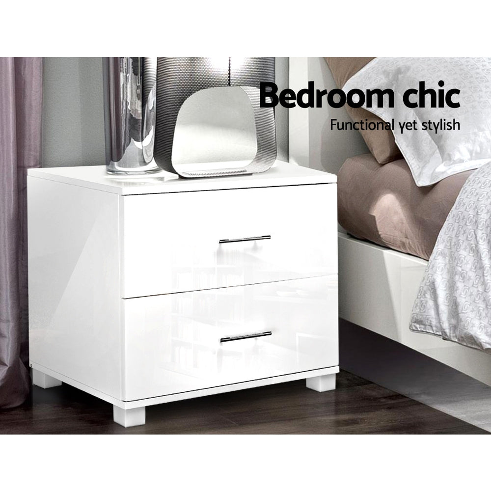 Artiss High Gloss Two Drawers Bedside Table - White