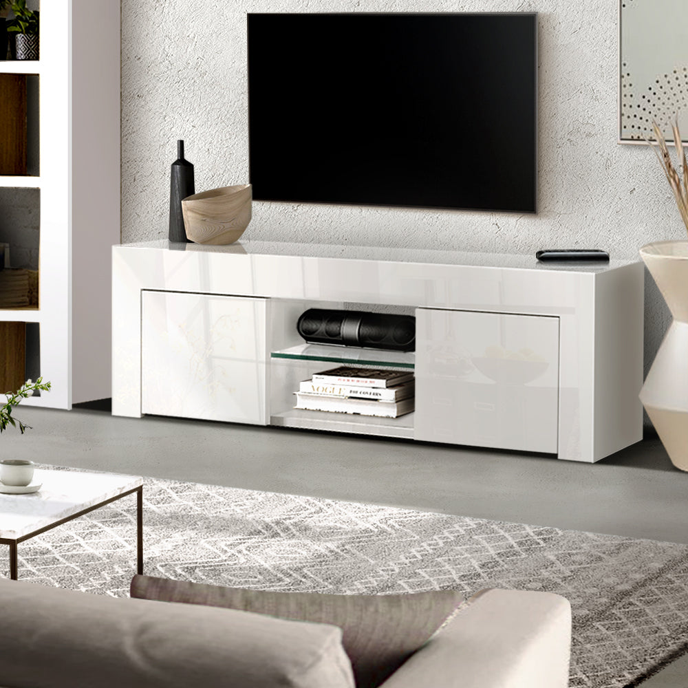 Artiss 130cm High Gloss TV Stand Entertainment Unit Storage Cabinet Tempered Glass Shelf White