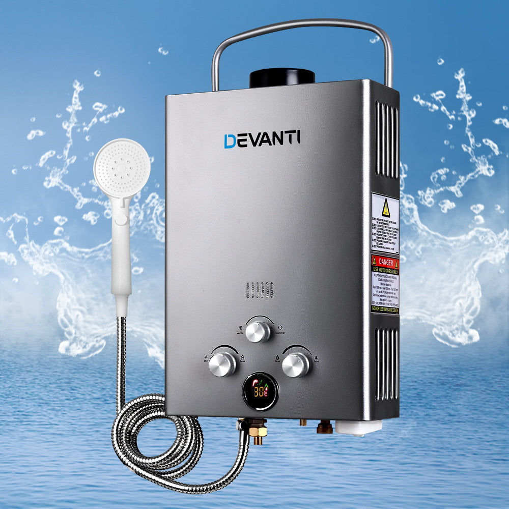 Devanti Outdoor Gas Hot Water Heater Portable Camping Shower 12V Pump Grey