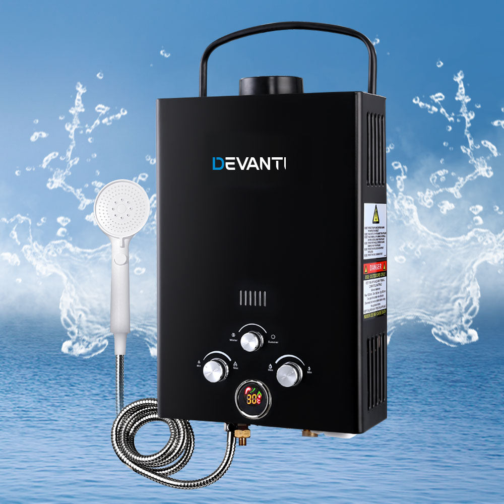 Devanti Outdoor Gas Hot Water Heater Portable Camping Shower 12V Pump Black