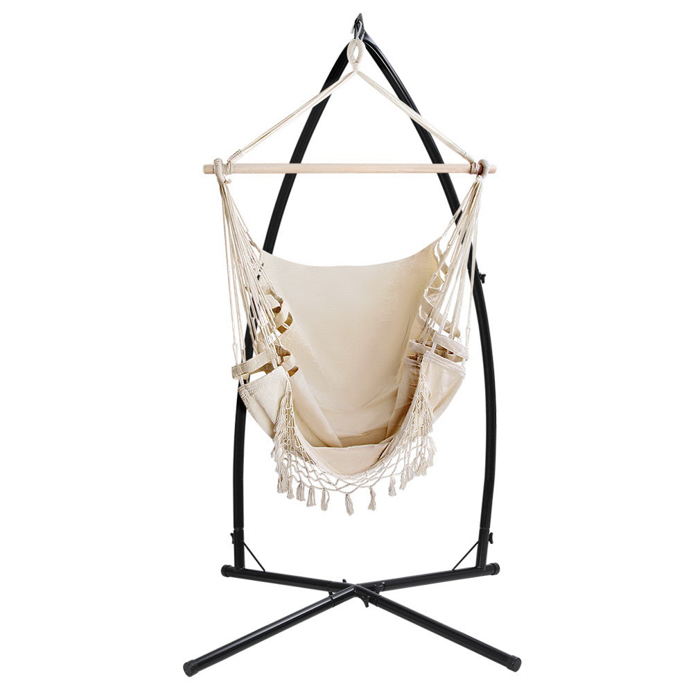 Gardeon Outdoor Hammock Chair with Steel Stand Tassel Hanging Rope Hammock Cream