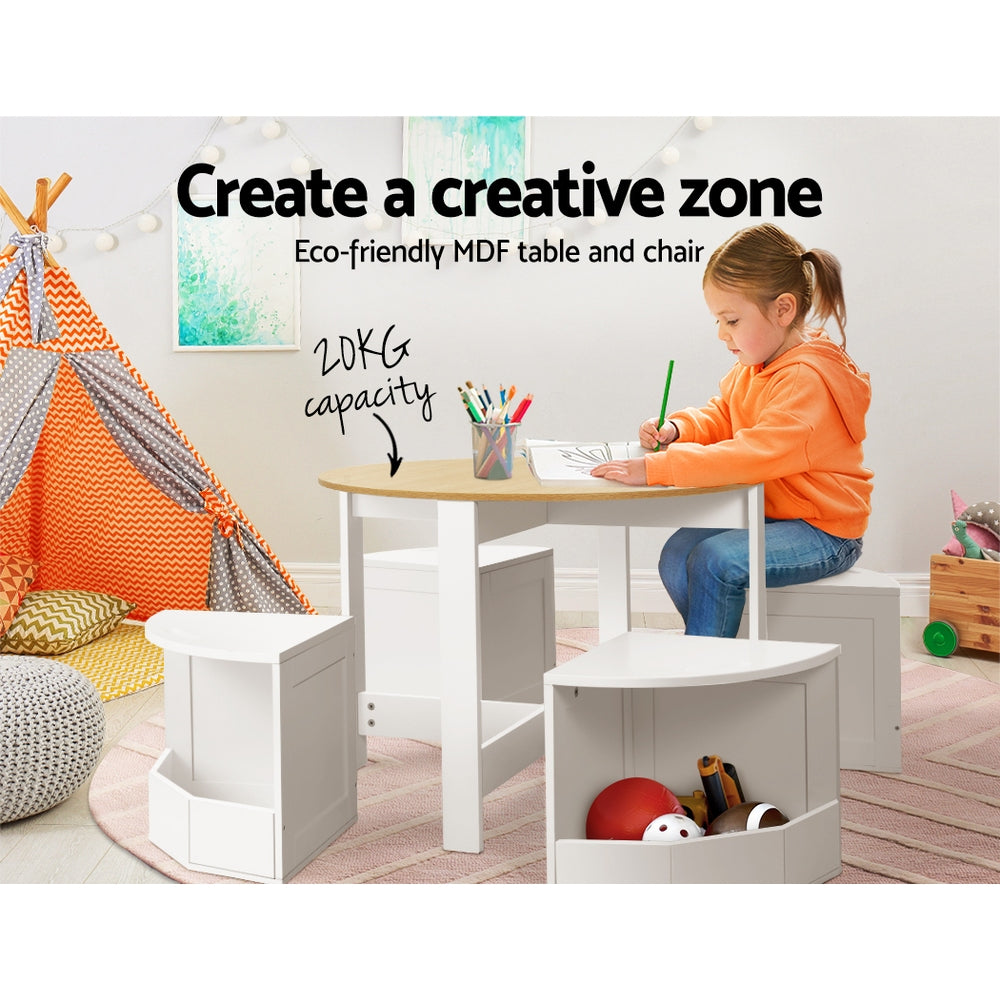 Keezi 5 PCS Kids Table and Chairs Set Storage Chair Wooden Play Study Desk Sets