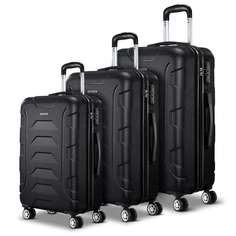 Wanderlite 3pc 20" 24" 28"Luggage Suitcase Travel Hardcase Trolley TSA Lock Black