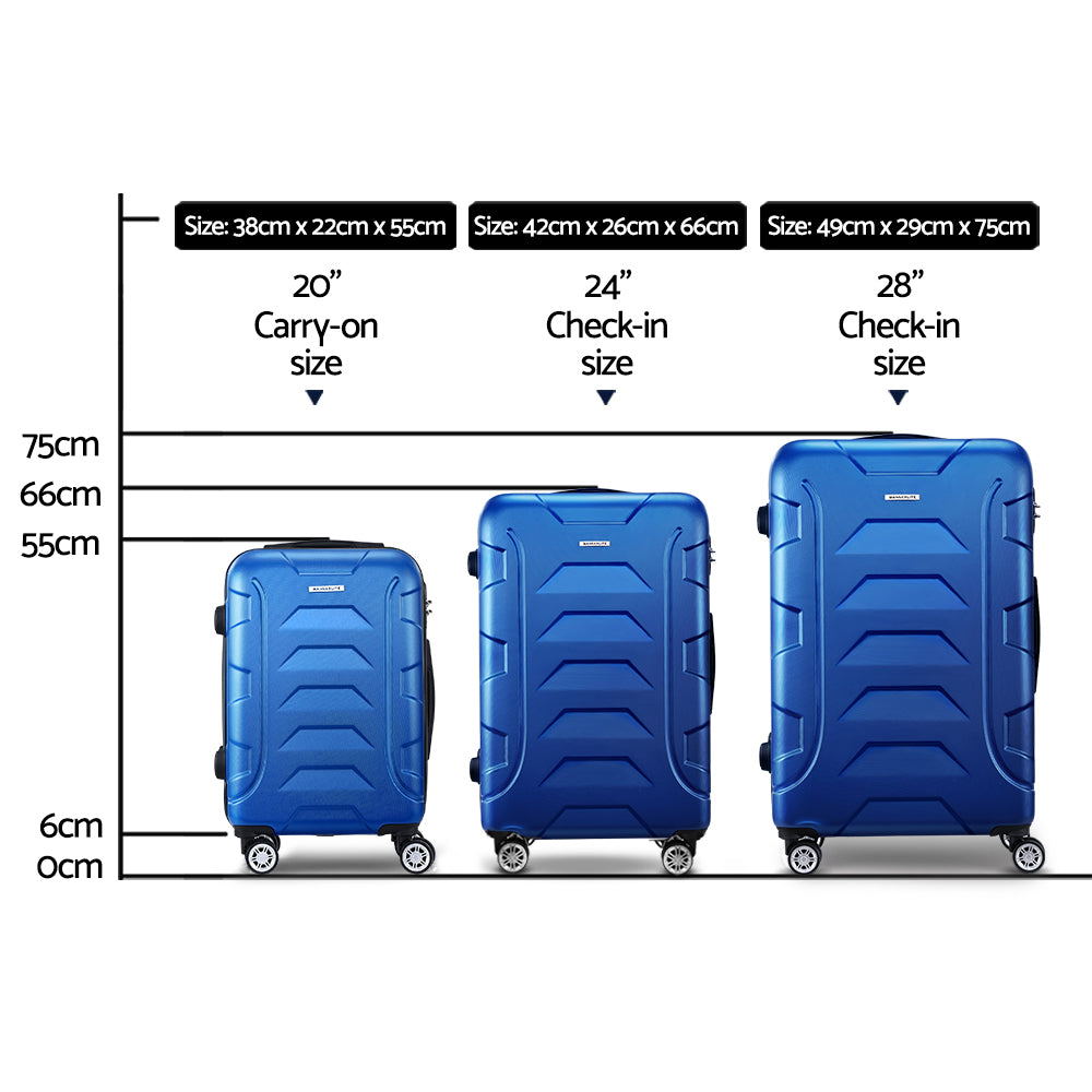 Wanderlite 3pc 20" 24" 28"Luggage Suitcase Travel Hardcase Trolley TSA Lock Blue