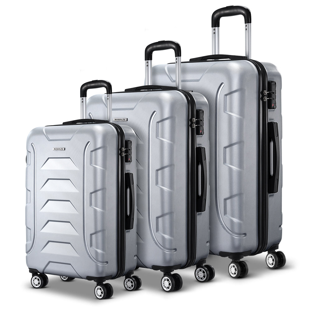 Wanderlite 3pc 20" 24" 28"Luggage Suitcase Travel Hardcase Trolley TSA Lock Silver