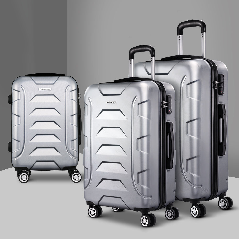 Wanderlite 3pc 20" 24" 28"Luggage Suitcase Travel Hardcase Trolley TSA Lock Silver