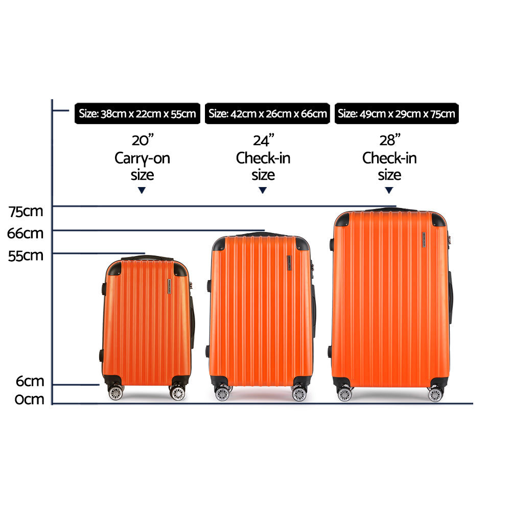 Wanderlite Luggage Set 3pc 20" 24" 28" Suitcase Hardcase Carry On Trolley Travel Orange