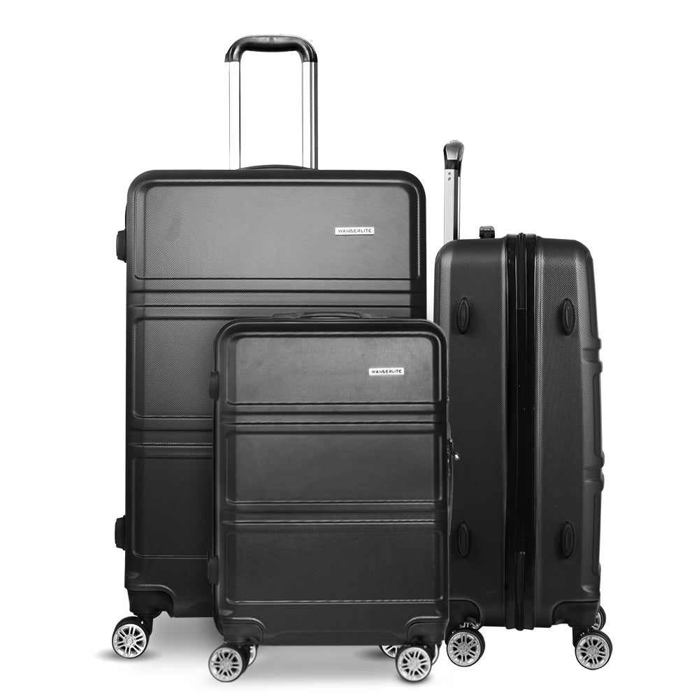 Wanderlite Luggage Set 3pc Suitcase Trolley Travel TSA Hard Case Black