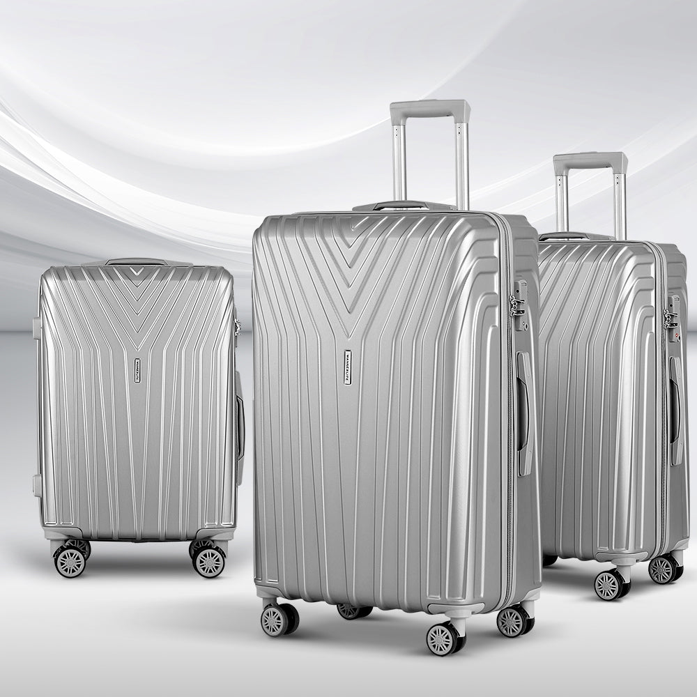 Wanderlite 75cm 3pc Luggage Trolley Suitcase Sets Travel TSA Hard Case Silver