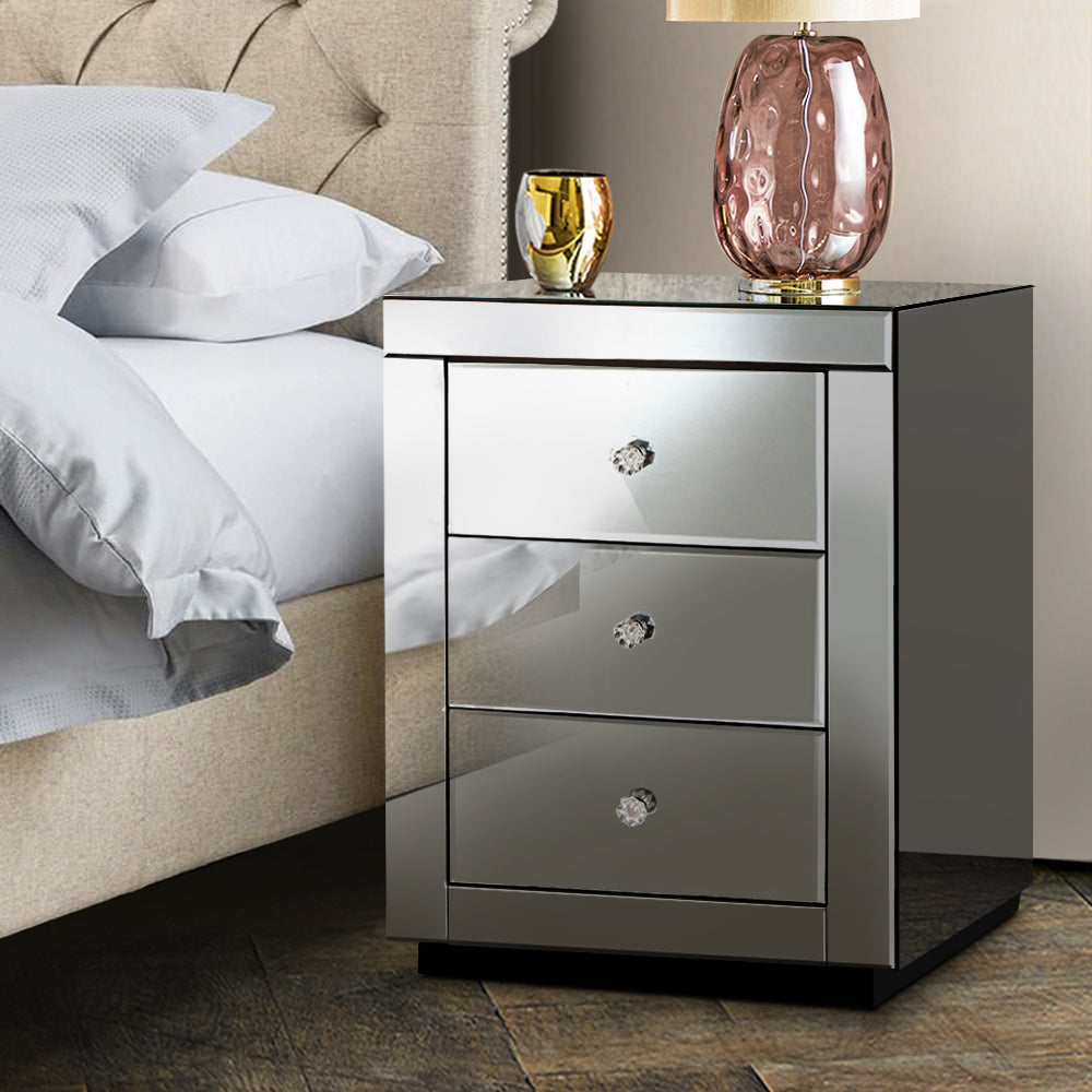 Artiss Mirrored Bedside table Drawers Furniture Mirror Glass Presia Smoky Grey