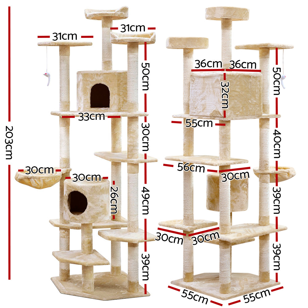 i.Pet Cat Tree 203cm Trees Scratching Post Scratcher Tower Condo House Furniture Wood Beige