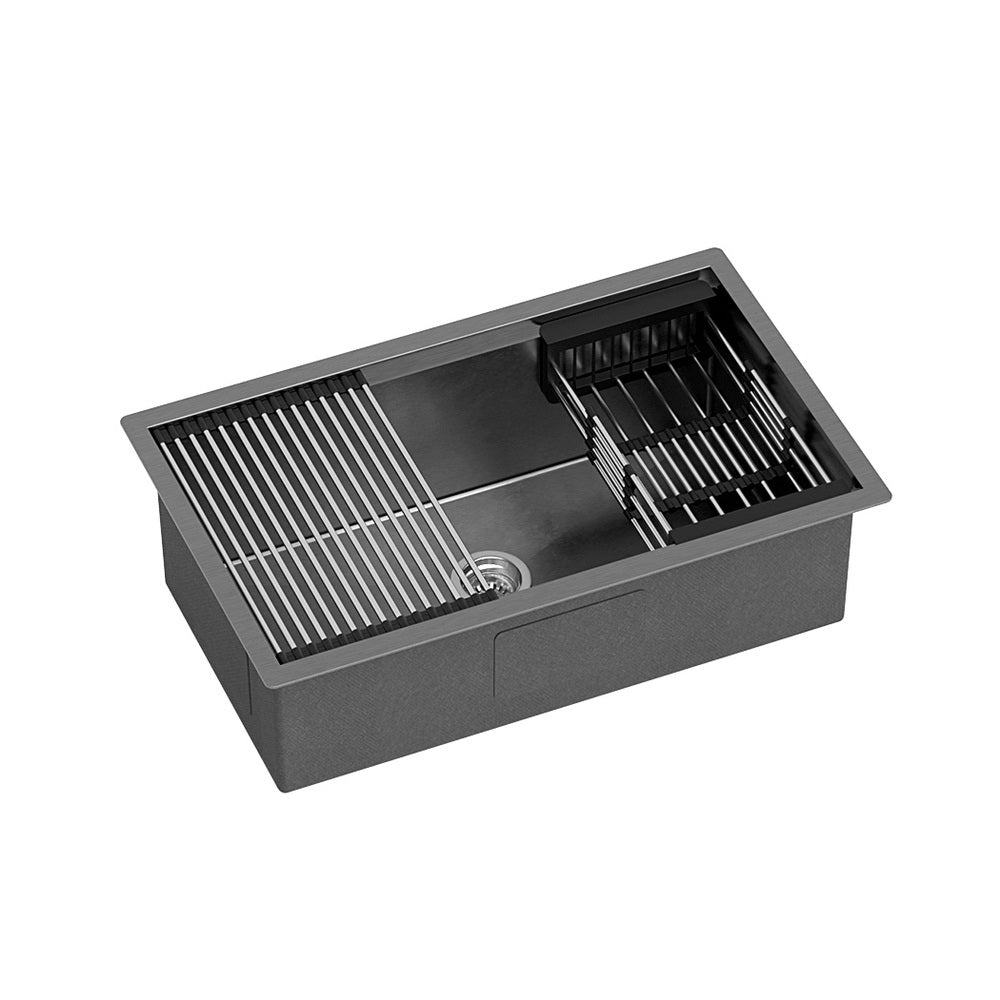 Cefito Kitchen Sink Stainless Steel 70X45CM Single Bowel with Drying Rack Black