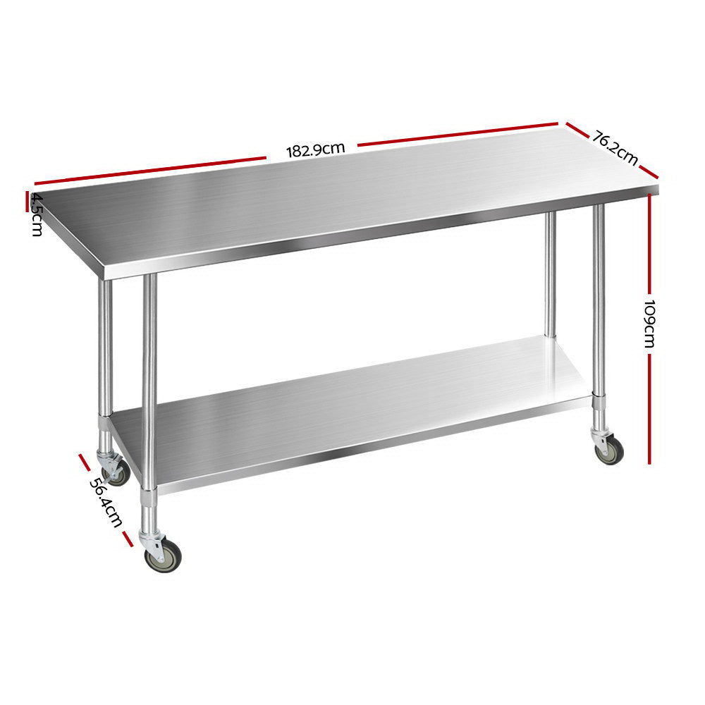 Cefito 1829 x 762mm Commercial Stainless Steel Kitchen Bench with 4pcs Castor Wheels