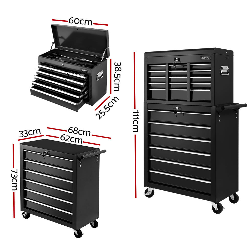 Giantz 15 Drawers Tool Box Chest Trolley Cabinet Garage Storage Boxes Organizer Black